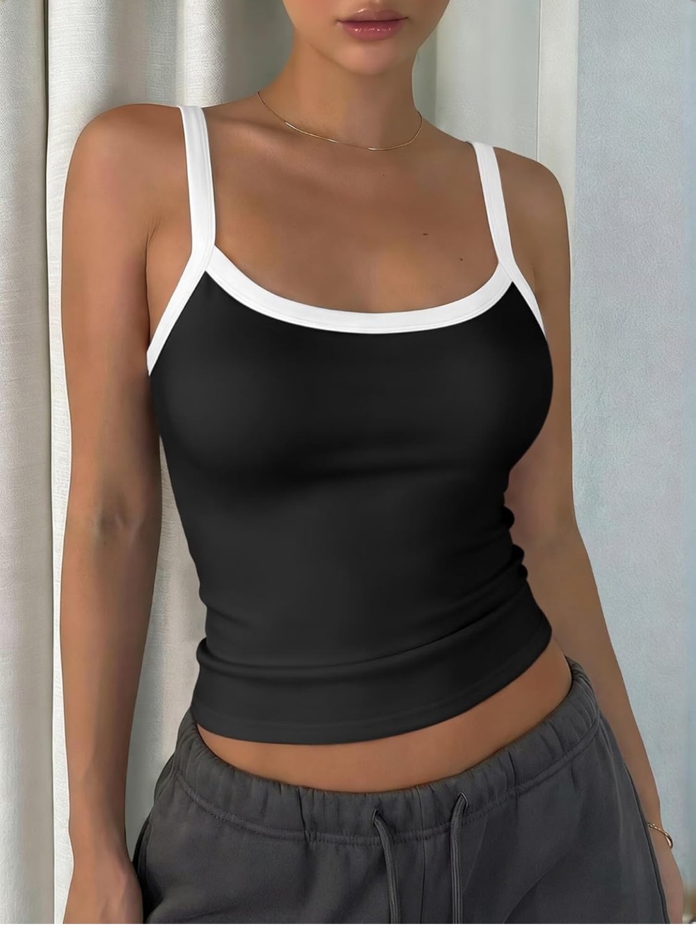 Women’s Black White Contrast Trim Square Neck Spaghetti Strap Cami, M